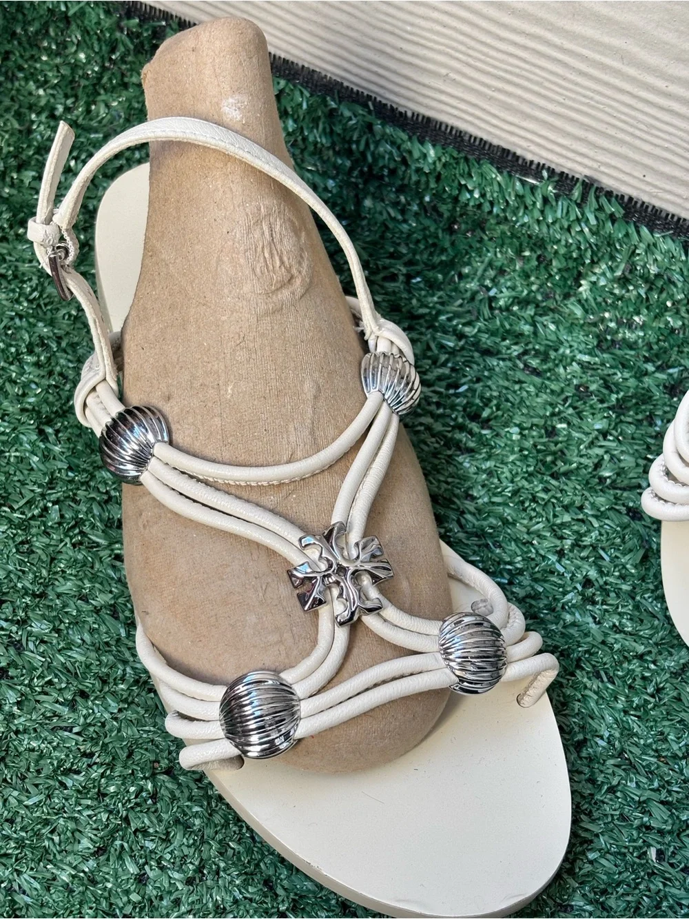 Tory Burch White Leather Sandals with Silver-Tone Accents